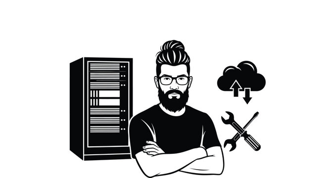 Confident IT professional managing server and cloud data with tools