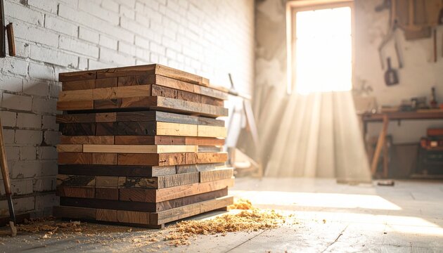 Stack of various wooden planks and boards in a sunlit workshop with sawdust on the concrete floor, ready for carpentry.