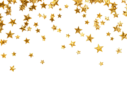 Golden stars glitter, scatter on a stark black background