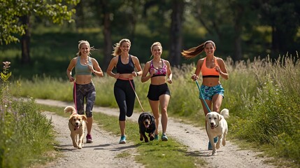 Four smiling young women in athletic wear are running with their dogs on a path through a grassy and tree filled area on a bright, sunny summer day.