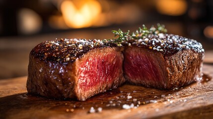 mediumrare. Juicy medium-rare steak cross-section on rustic wood, highlighting glistening meat fibers. menu design, packaging mockups, designed for culinary blogs and recipe cards for restaurants.
