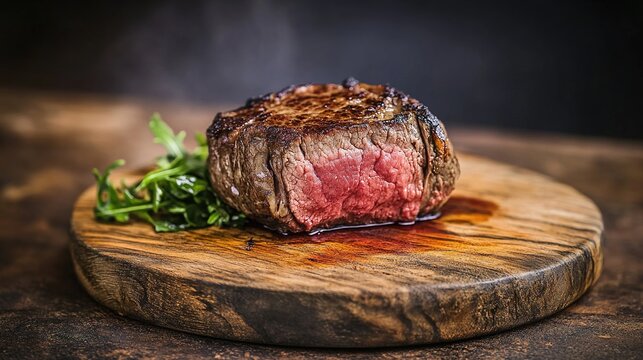 mediumrare. Juicy medium-rare steak cross-section on rustic wood, highlighting glistening meat fibers. menu design, packaging mockups, designed for culinary blogs and recipe cards for restaurants.