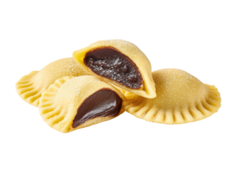 Filled pasta one sliced, revealing dark filling