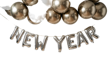 Silver new year balloon garland and balloons isolated on transparent background