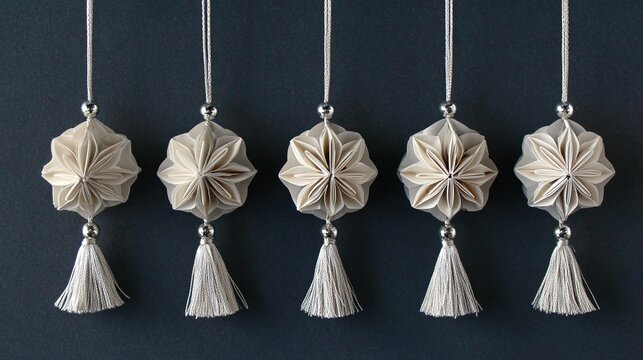 kusudama. Japanese kusudama with silk tassels and silver bells, elegant unfolding form. event programs, museum guides, designed for cultural heritage projects and event programs.