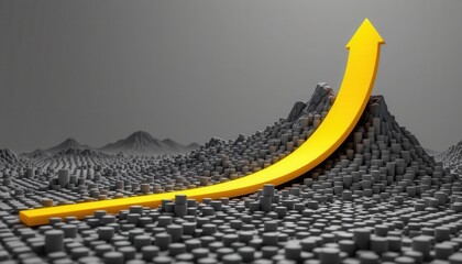 Abstract representation of growth and success with a large yellow arrow rising over a landscape of gray cubes