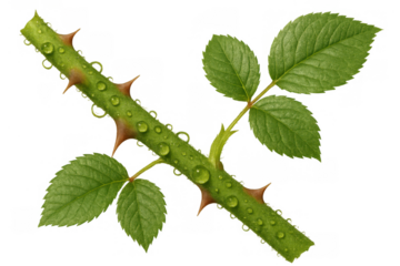 Rose stem with sharp thorns and green leaves covered in fresh water drops, transparent background