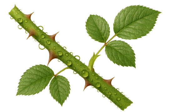 Rose stem with sharp thorns and green leaves covered in fresh water drops, transparent background