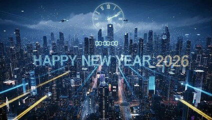 Futuristic cityscape at midnight with happy new year 2026 text and clock, celebrating the upcoming year with a dazzling display of lights and fireworks