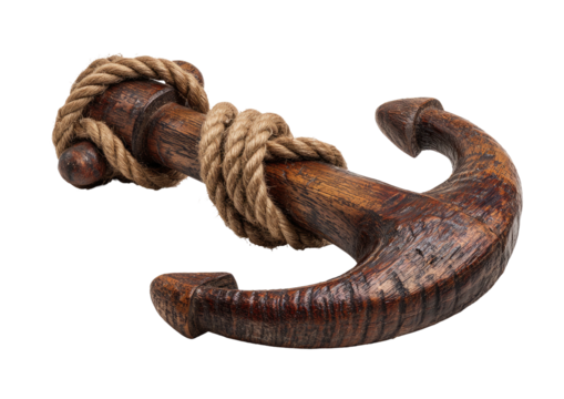 Wood hook entwined with coarse rope against black