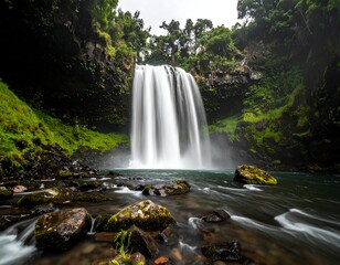 A majestic waterfall cascades down a rocky cliff, surrounded by lush green vegetation and flowing into a clear pool below