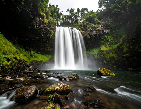 A majestic waterfall cascades down a rocky cliff, surrounded by lush green vegetation and flowing into a clear pool below