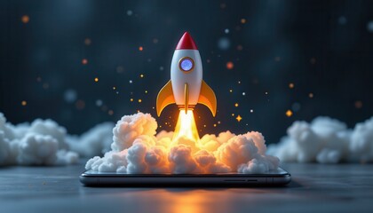 Rocket Launching from Smartphone with Bright Flames and Clouds in Dynamic Digital Concept Imagery