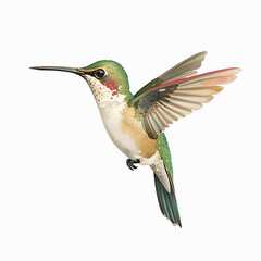 Fototapeta premium Cute delicate watercolor illustration of a hummingbird in soft pastel color palette with graceful wings and light botanical detail 