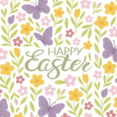 Happy Easter banner, poster, and greeting card. This card features bunnies, flowers, eggs, and bunny ears in pastel colors. Modern, minimalist style.