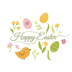 Happy Easter banner, poster, and greeting card. This card features bunnies, flowers, eggs, and bunny ears in pastel colors. Modern, minimalist style.