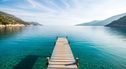Obraz premium Pathway of Tranquility: Wooden Dock Stretching Toward the Horizon of Calm Blue Seas