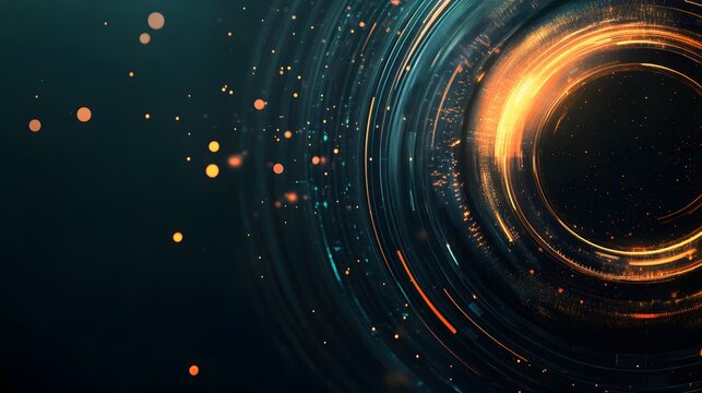 A dark, abstract, futuristic background featuring a swirling vortex of glowing circular data streams in orange, gold, and teal, creating a sense of motion, technology, and energy. - Powered by Adobe