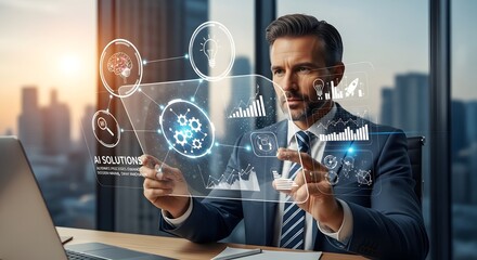 Artificial intelligence solutions businessman analyzing futuristic digital interface data analytics