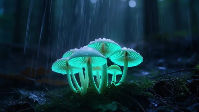 Glowing mushrooms in a dark forest during a rainy night with magical light
