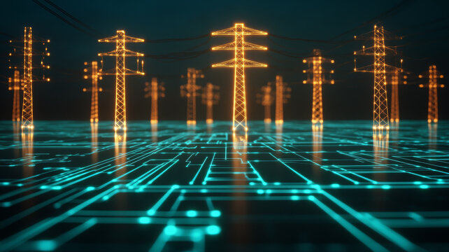 Smart grid technology, digital power line, electricity network, glowing, futuristic energy