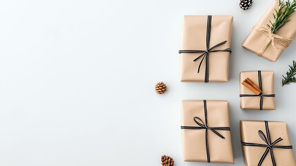 A collection of Christmas gifts wrapped in simple brown paper and tied with black ribbon, adorned with natural elements like pine cones, rosemary, and cinnamon