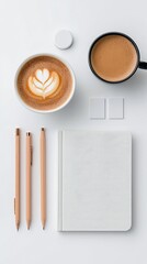 A top-down view of a white cup with latte art, a black mug of coffee, a white notebook, three wooden pencils, and two small white squares on a clean white surfa