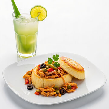 Aruba Keshi yena (stuffed cheese) on white plate with aloe vera juice  