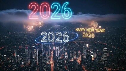 Happy new year 2026 celebration with fireworks and neon lights illuminating a cityscape at night - Powered by Adobe