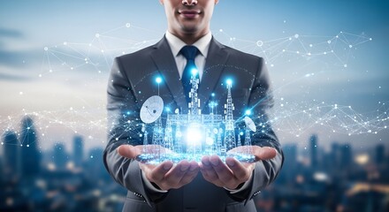 Businessman holding network technology wireless communication towers satellite connection global digital future