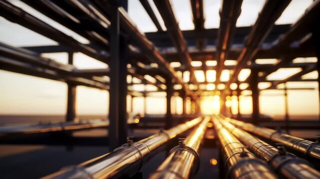 Network of parallel pipes receding into the sunset, creating a warm, industrial aesthetic