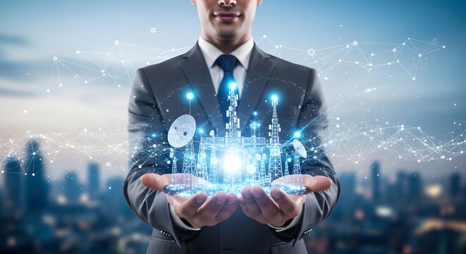 Businessman holding network technology wireless communication towers satellite connection global digital future