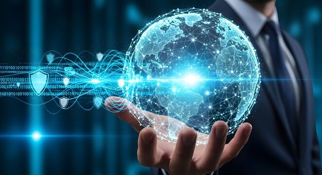 Global network security solutions for business protection and data privacy strategies concept illustration