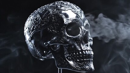 Enigmatic metallic skull sculpture intricately adorned with ornate patterns, shrouded in wisps of dramatic smoke against a dark, contemplative background - Powered by Adobe