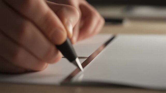 A close-up shot of a person's hand holding a black pen and drawing a straight line on white paper with a ruler.