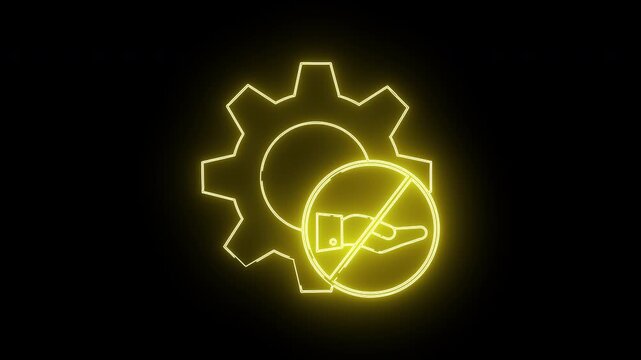 Illuminated neonyellow safety graphic displays a cogwheel overlaid with a do not touch symbol set against a black background