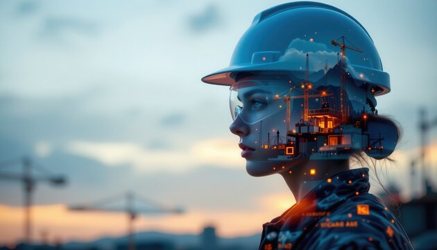 Professional female engineer silhouette with construction site overlay at sunset, representing innovation and progress