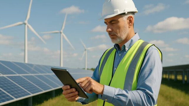 Renewable Energy Sector Engineering Work and Professional Analysis of Data on Tablets Near Solar Panels and Wind Turbines in Technology