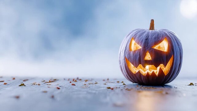 Spooky Pumpkin's Glow: A carved pumpkin with an eerie, glowing face sits in the chilling night of Halloween. evoking a sense of both fright and festive fun