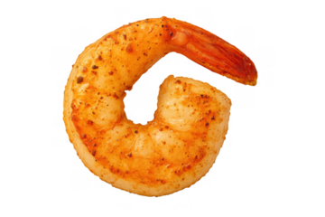 Prepared shrimp, seasoned and deveined with the tail intact, displayed as a delicious seafood option on a clear background