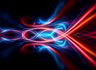 Obraz premium Abstract image of red and blue light streaks flow on a black backdrop, creating a dynamic, energetic, futuristic composition.