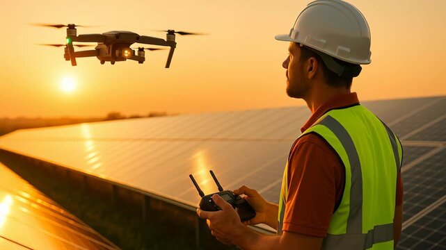 Drone Operation Over Solar Panels at Sunset Showcasing Innovation in Renewable Energy Sector and Engineering Excellence