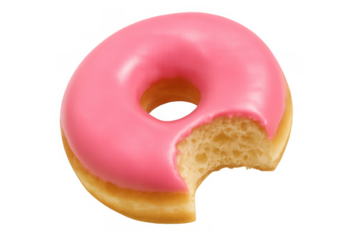 Pink iced bitten donut with transparent background, sweet pastry snack food, a delicious dessert