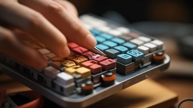 A person's hand pressing colorful keys on a unique mechanical keyboard or custom input device.