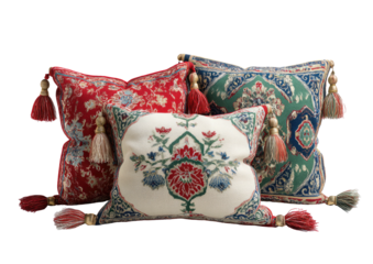 Floral cushions with tassels on a black backdrop