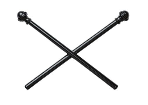 Crossed, dark, baton-like sticks with sphere-shaped ends