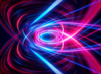Abstract image featuring dynamic swirling pink and blue light trails converging to a bright center against a dark backdrop, creating a vortex effect.