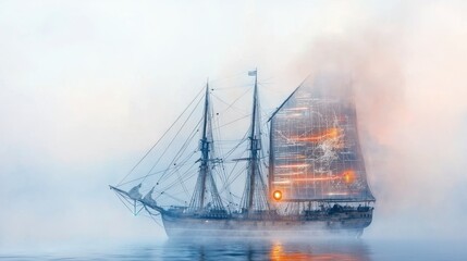 Obraz premium Navigating the Fog: A Vision of Digital Transformation at Sea with Tall Ships