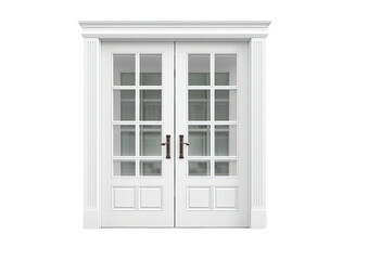 Fototapeta premium White framed, paneled glass double doors on black background