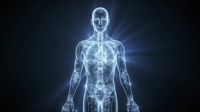 人体シルエットに広がる光網が示す未来型デジタル変革

